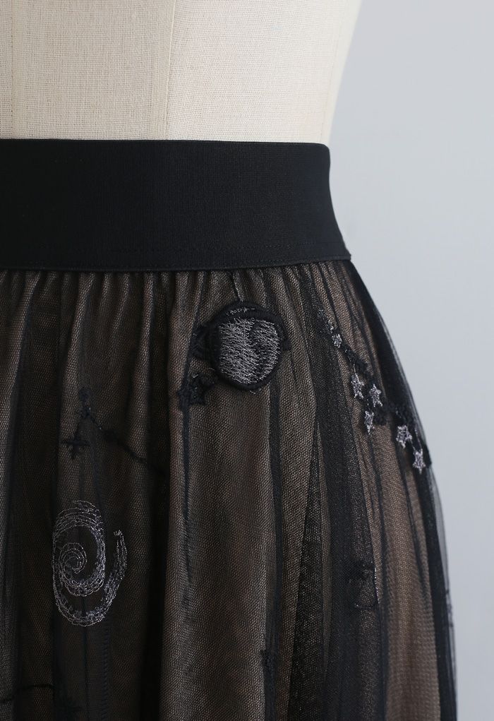 刺繍メッシュチュールスカート ブラック