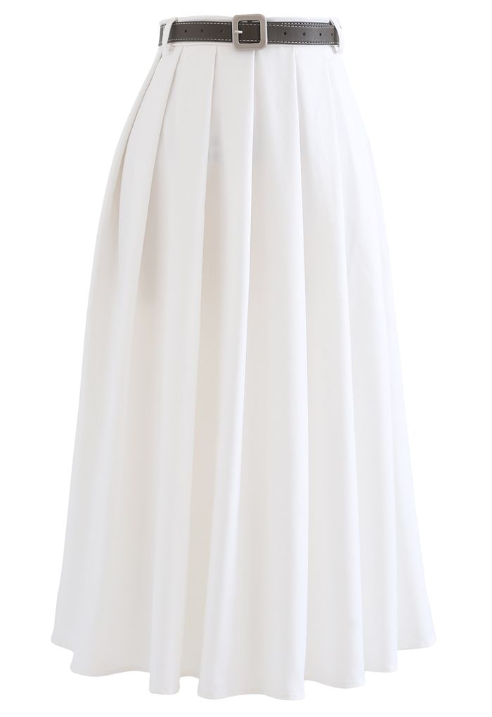 ベルト付きクラシックプリーツスカート ホワイト