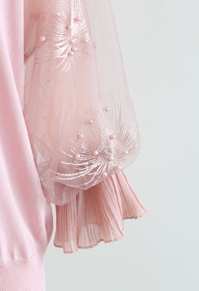 刺繍チュール袖ニットトップス ピンク