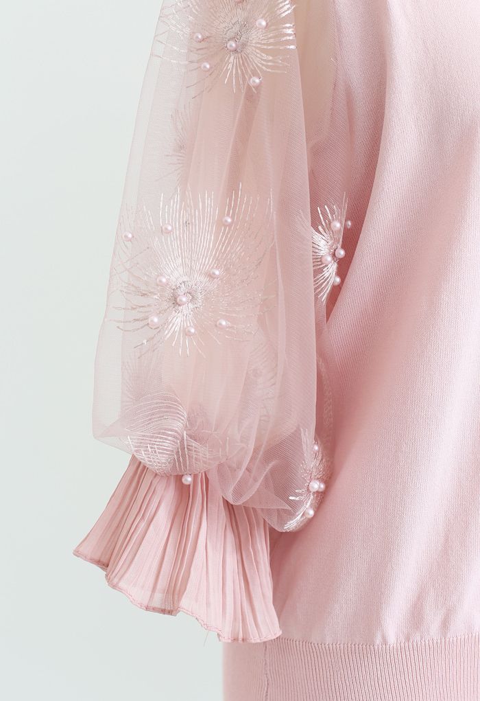 刺繍チュール袖ニットトップス ピンク