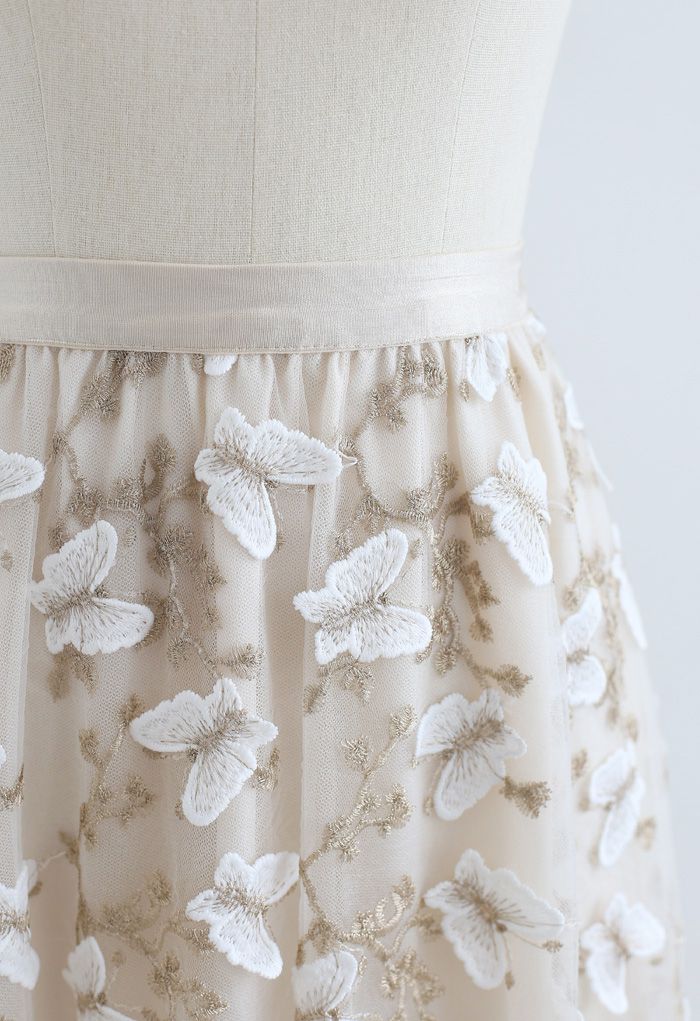 蝶々刺繍レイヤードチュールスカート アイボリー