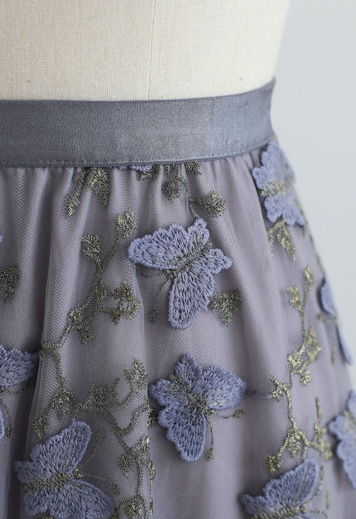 蝶々刺繍レイヤードチュールスカート グレー