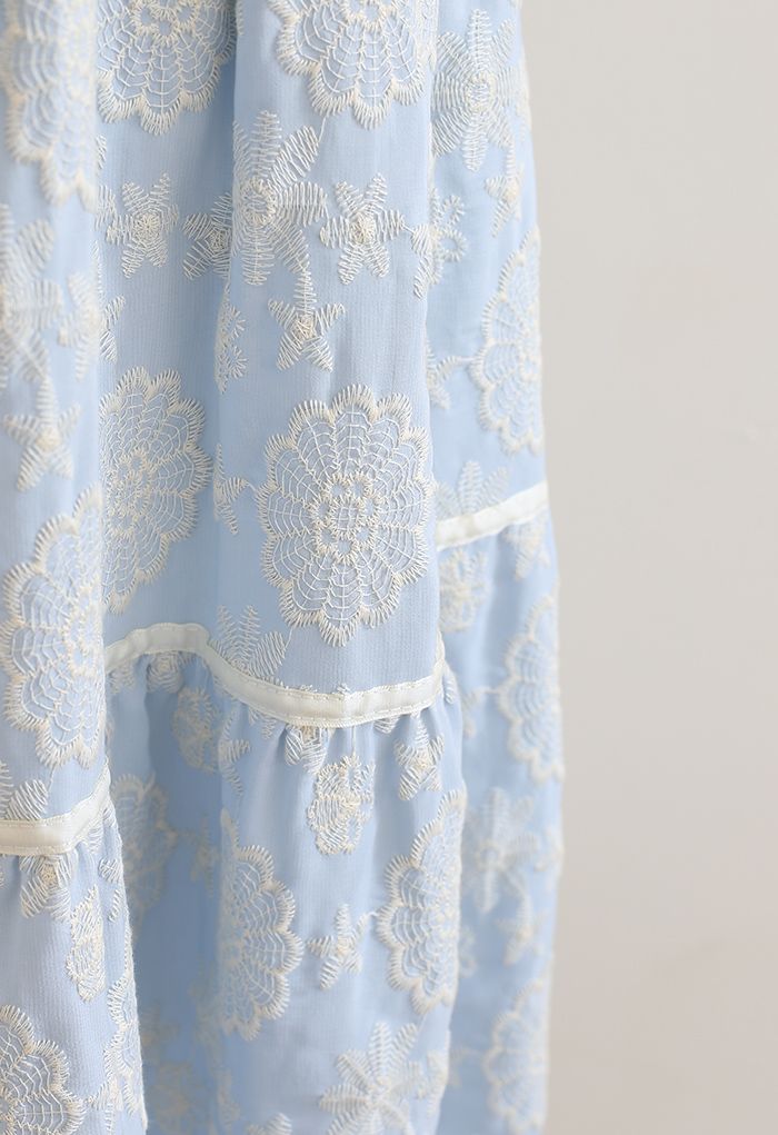 花柄刺繍スカラップスカート ライトブルー