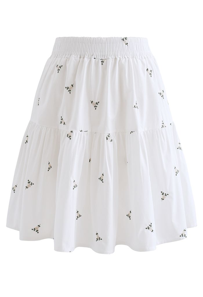 花柄刺繍ラッフルミニスカート ホワイト