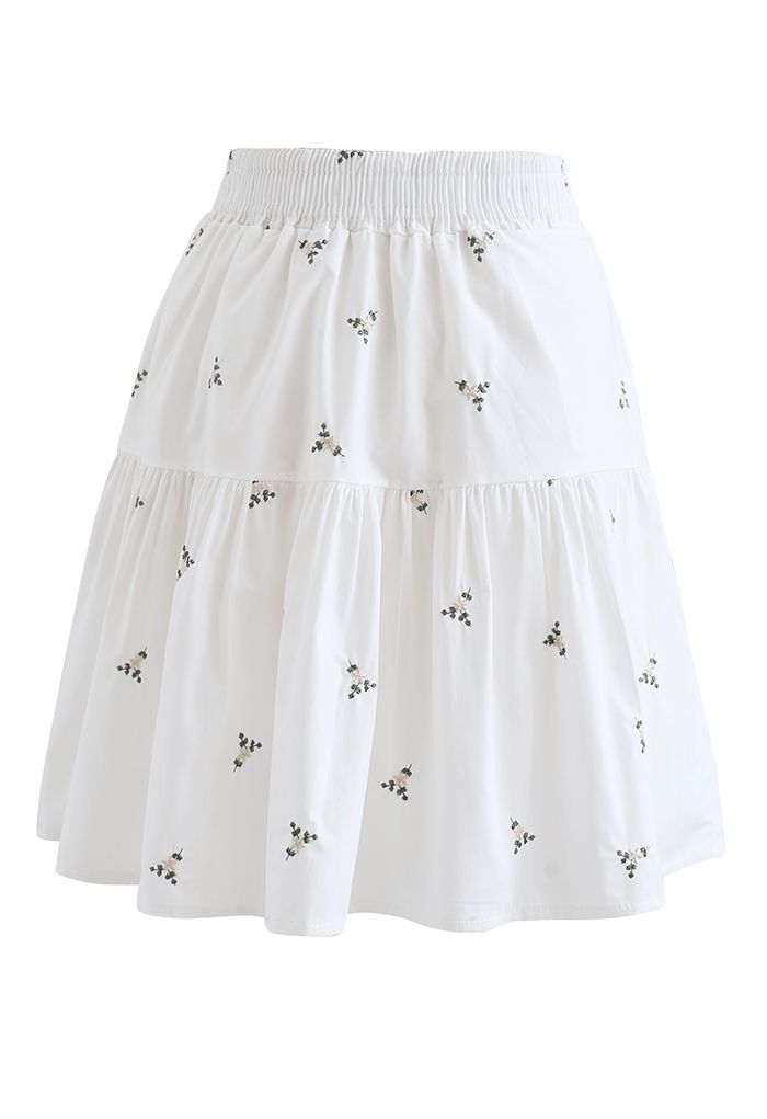 花柄刺繍ラッフルミニスカート ホワイト
