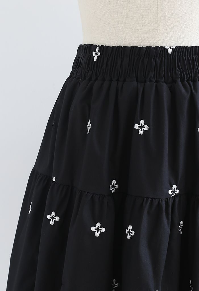 花柄刺繍ラッフルミニスカート ブラック