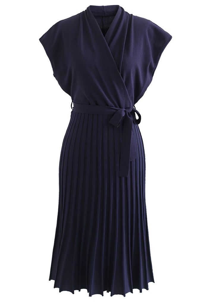 Pleated Sleeveless Wrapped Knit Dress in Navy