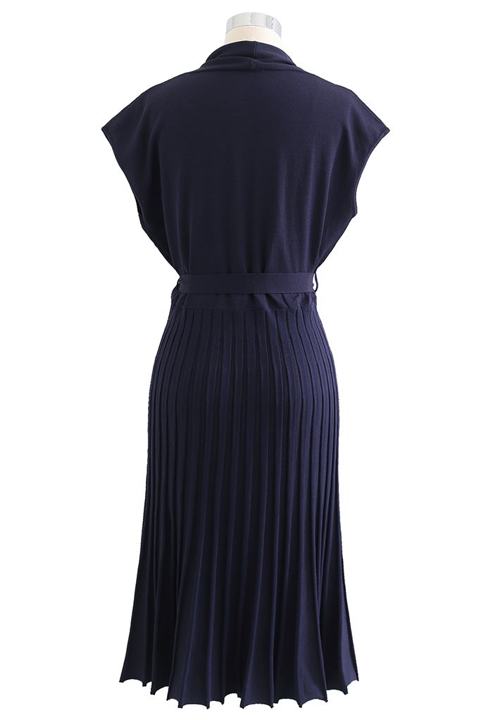 Pleated Sleeveless Wrapped Knit Dress in Navy