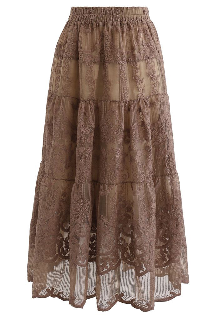   花柄刺繍オーガンジースカート カラメル