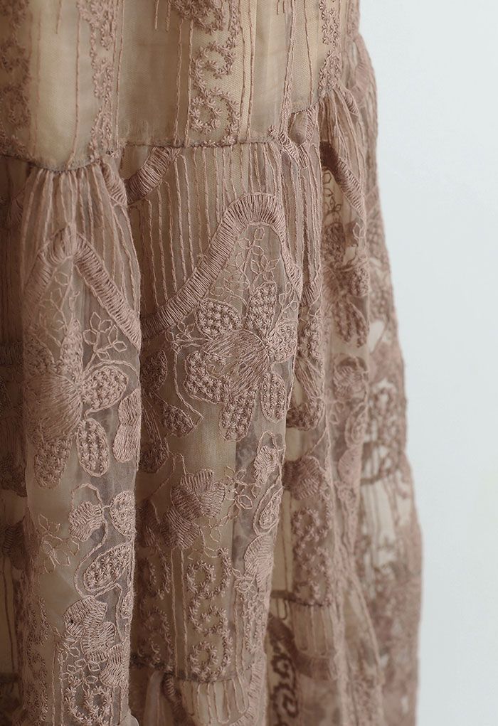   花柄刺繍オーガンジースカート カラメル