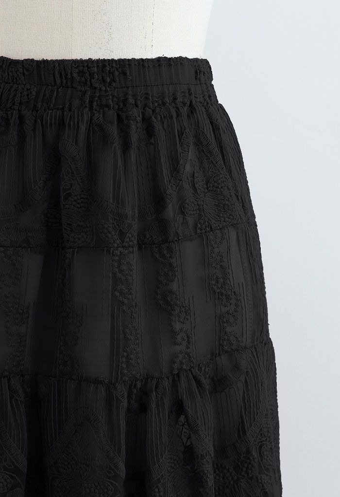 花柄刺繍オーガンジースカート ブラック