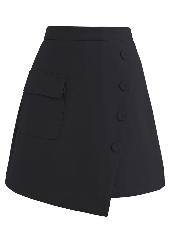フェイクポケットラップ風アシメ台形スカート ブラック
