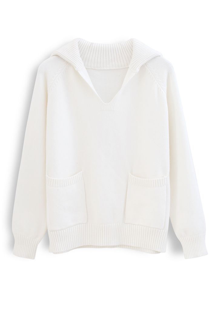 Vネックフラップカラーポケットセーター　ホワイト
