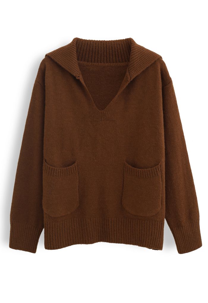 Vネックフラップカラーポケットセーター　ブラウン
