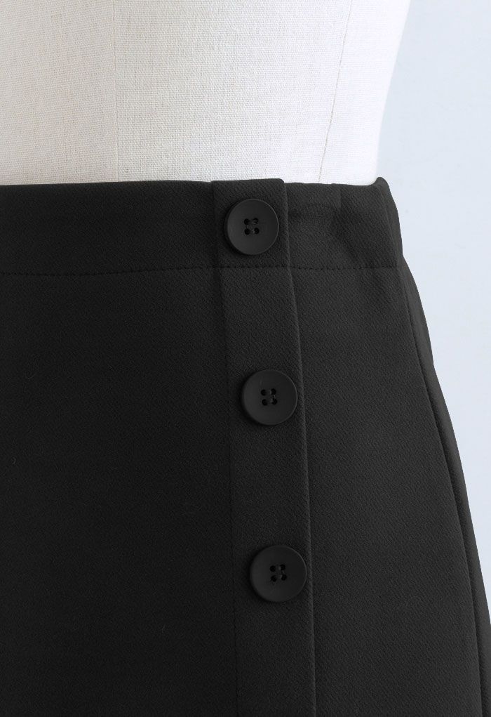 サイドボタンウール混台形スカート ブラック