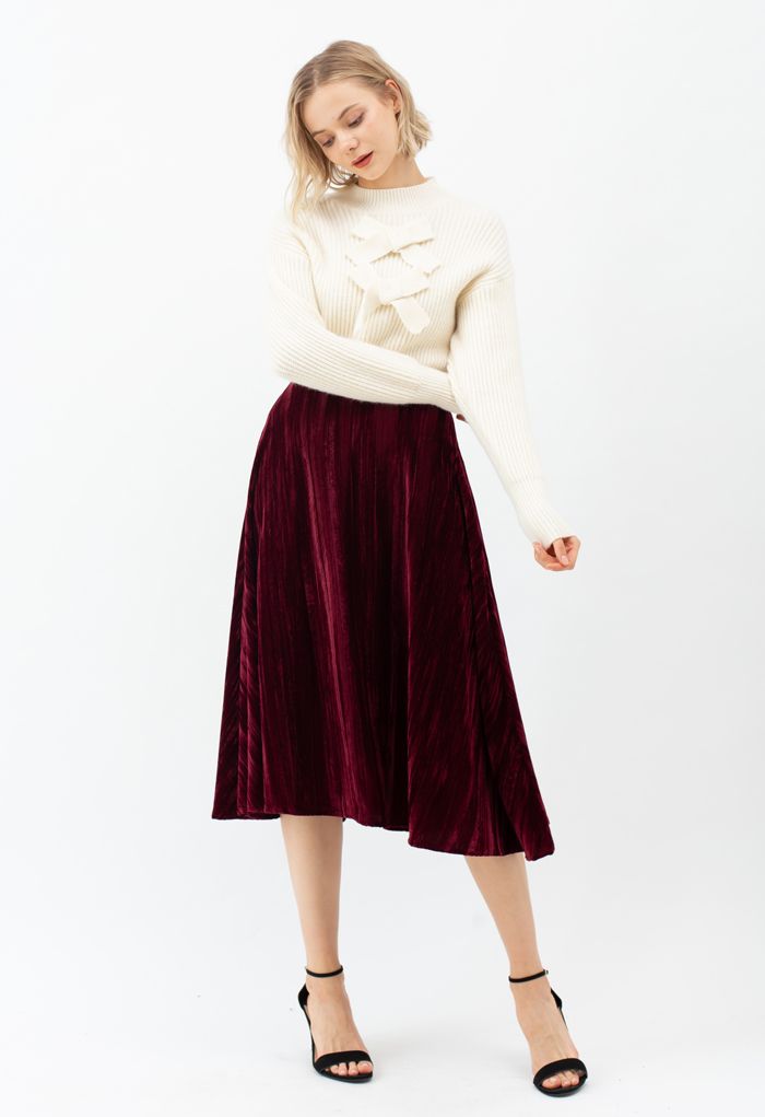 ベルベットフレア裾スカート　ワインレッド