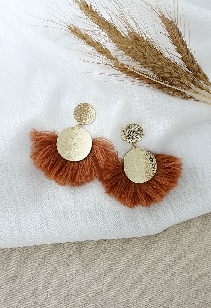 Tassel Gold Round Earrings in Caramel
