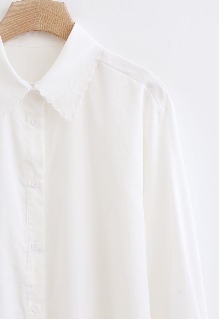 刺繡カラーボタン付きシャツ　ホワイト