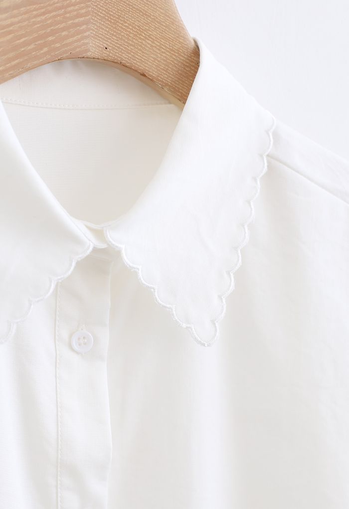 刺繡カラーボタン付きシャツ　ホワイト