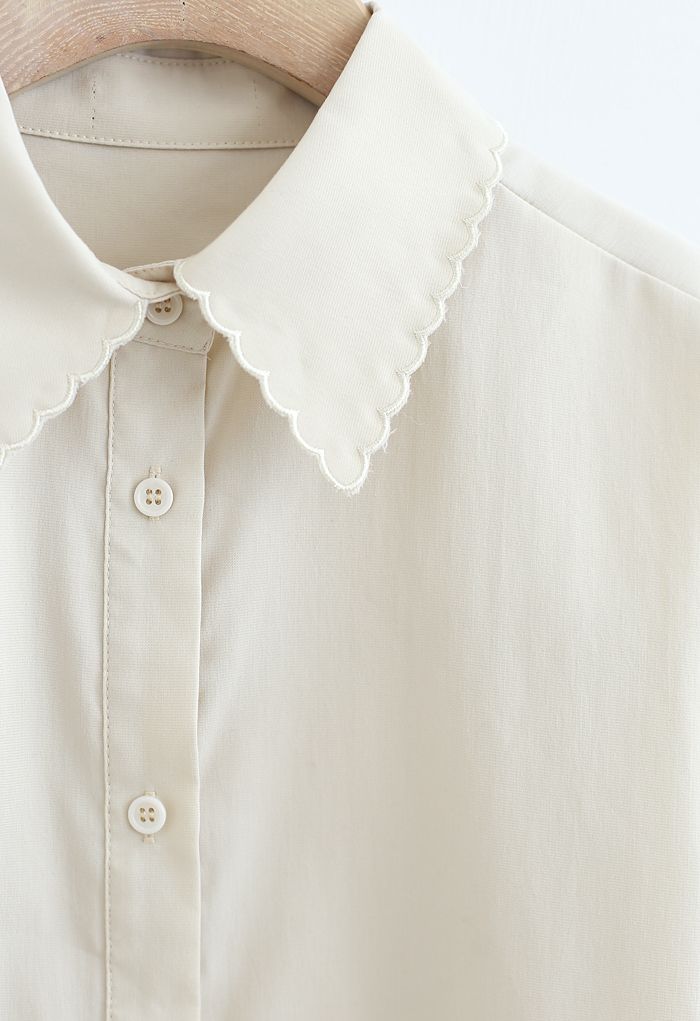 刺繡カラーボタン付きシャツ　アイボリー