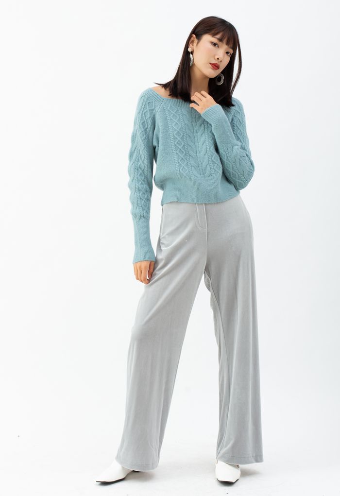 Cropped Square Neck Braid Knit Sweater in Turquoise