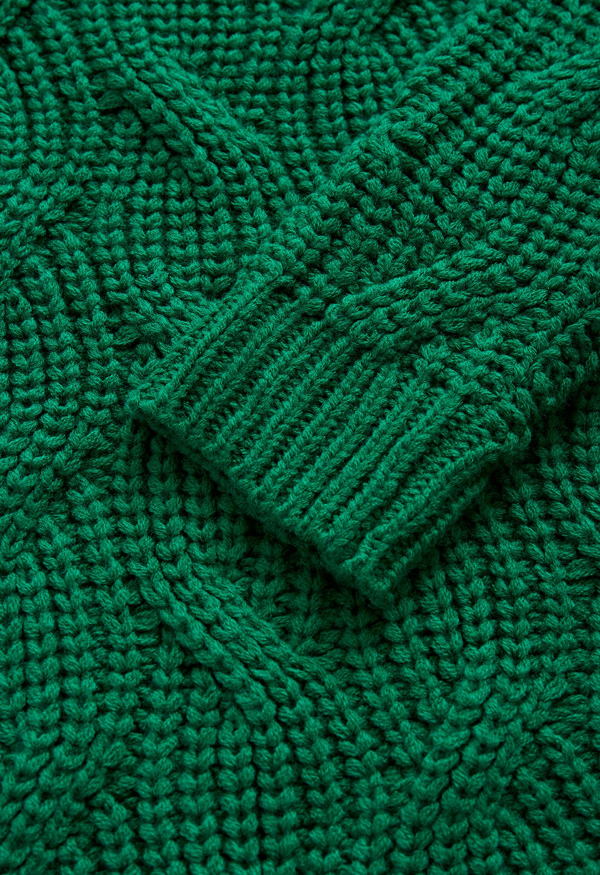 High Neck Hi-Lo Braided Chunky Knit Sweater in Emerald