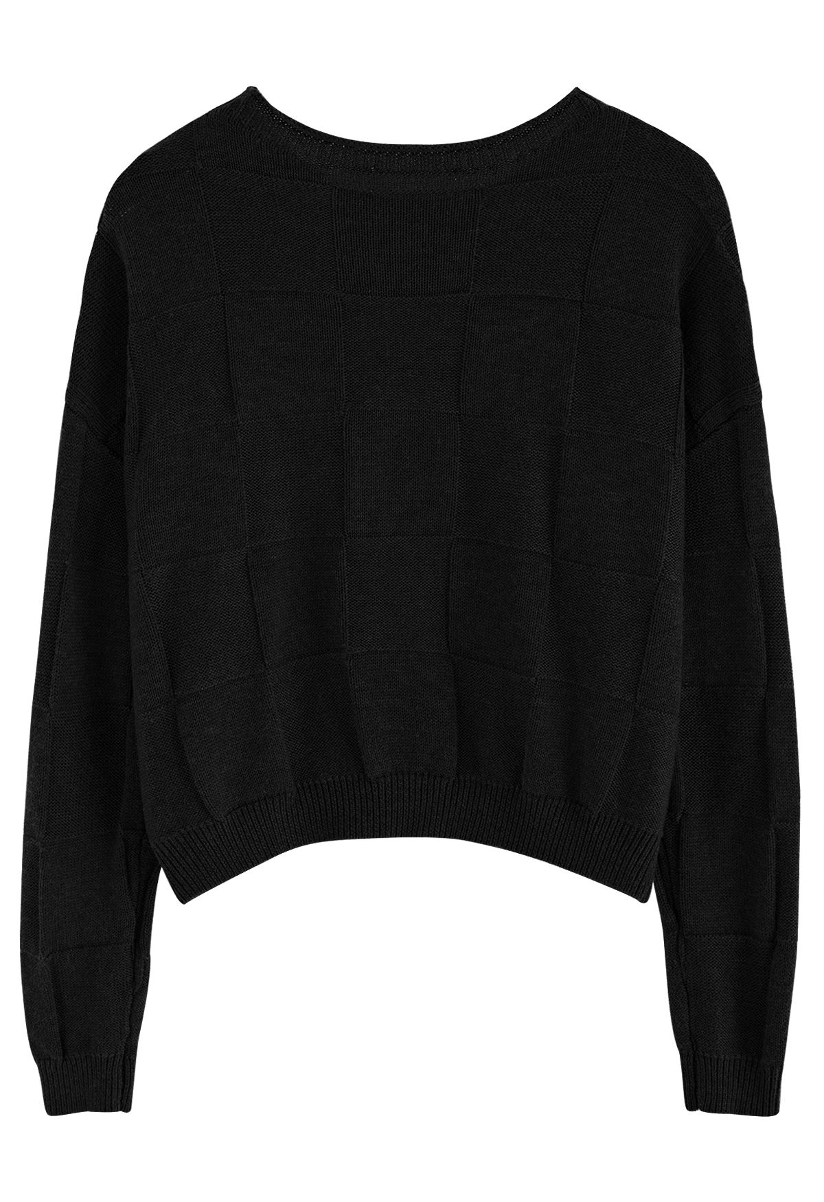 Simple Grid Drop Shoulder Crop Sweater in Black