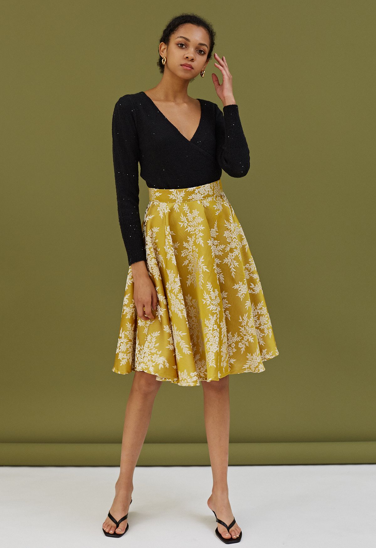 Botanical Jacquard Embroidered Embossed Midi Skirt in Mustard