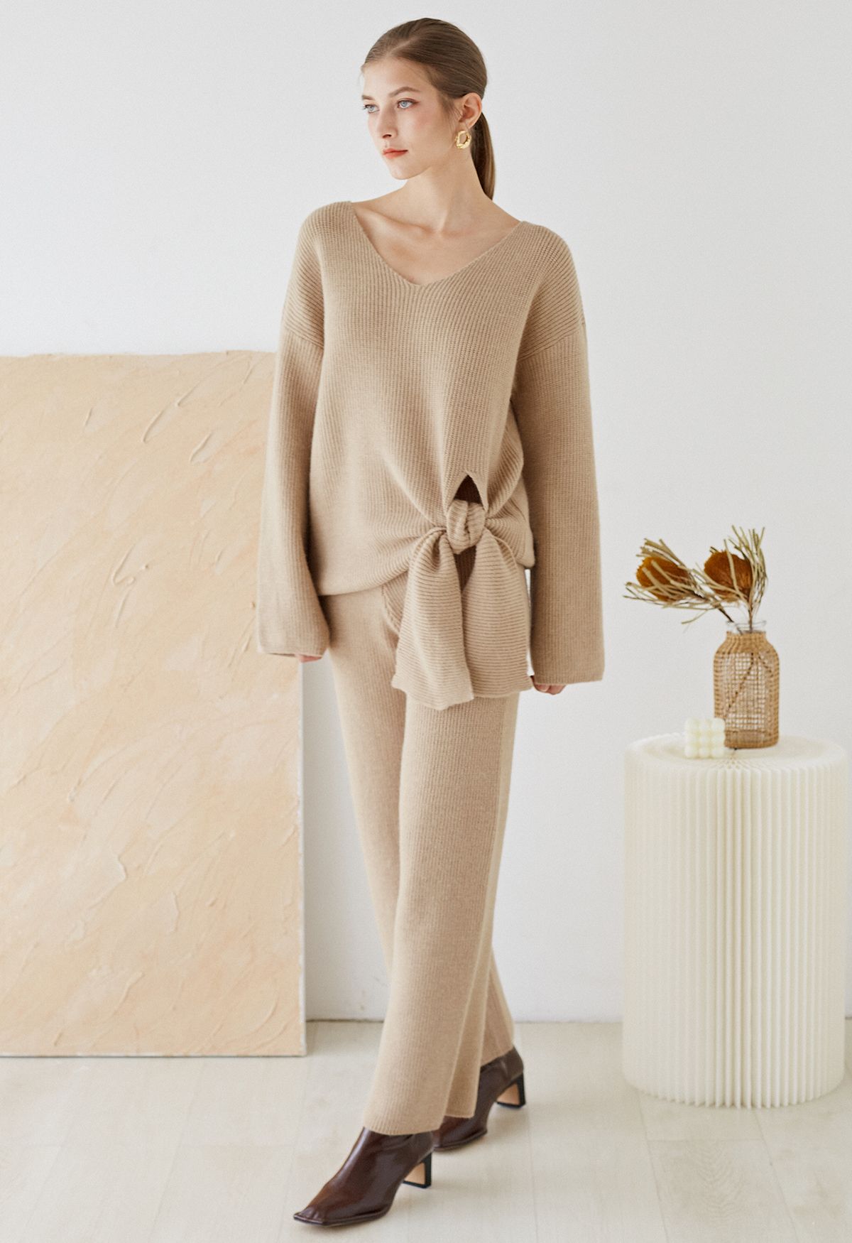 Side Knot Sweater and Straight Leg Pants Knit Set in Light Tan