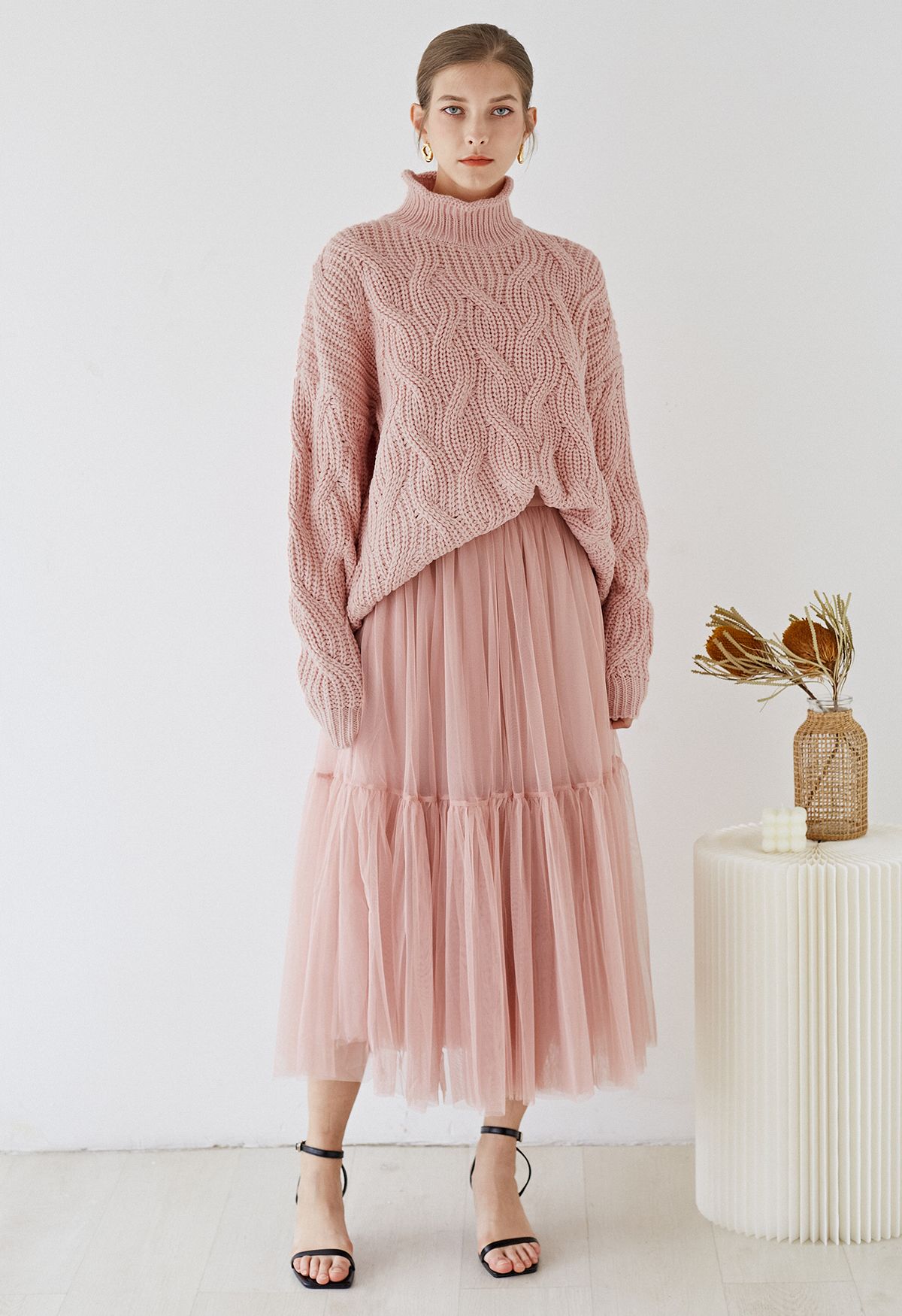 High Neck Hi-Lo Braided Chunky Knit Sweater in Pink
