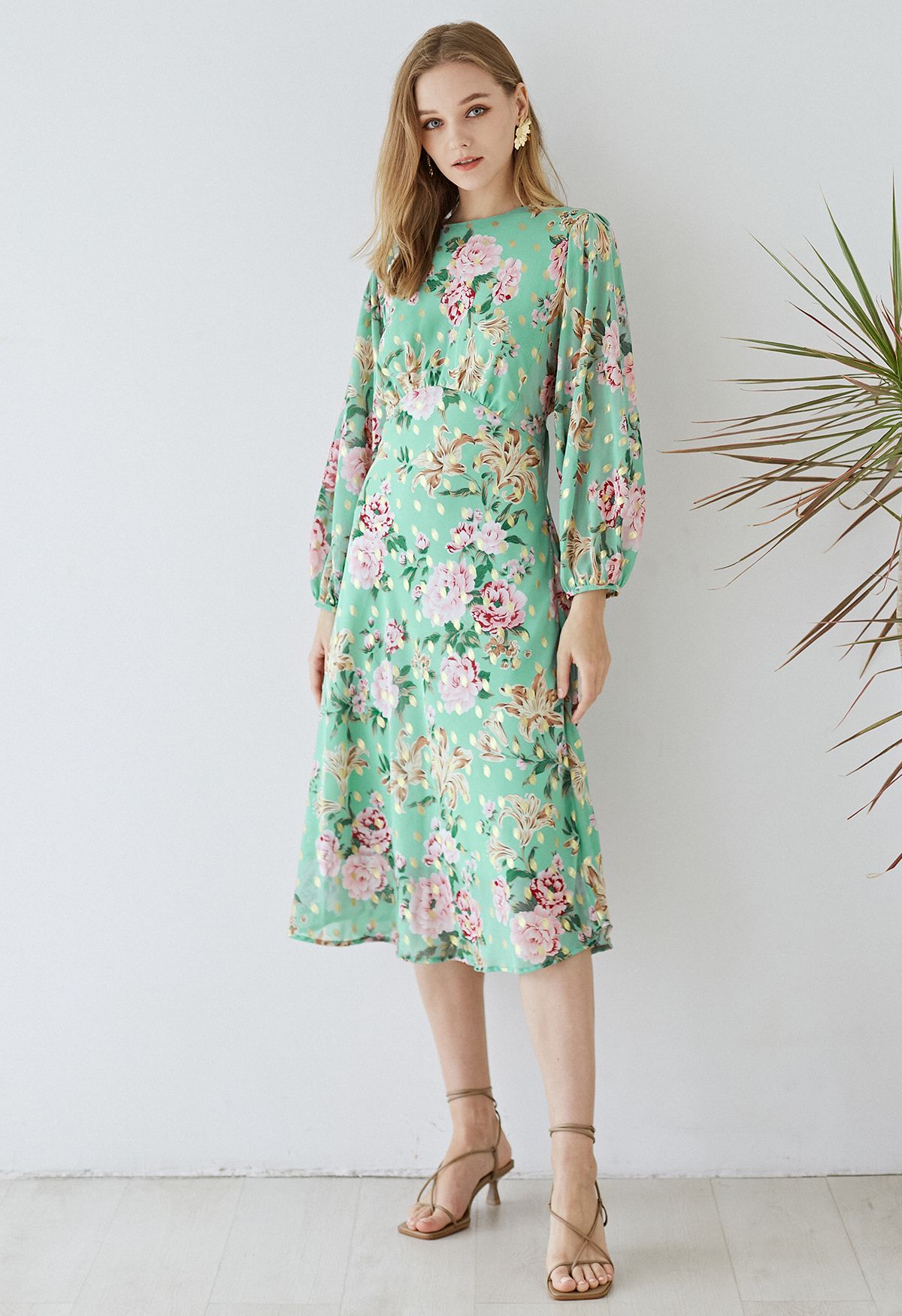 Floral to See Midi Dress with Gold Spot in Mint