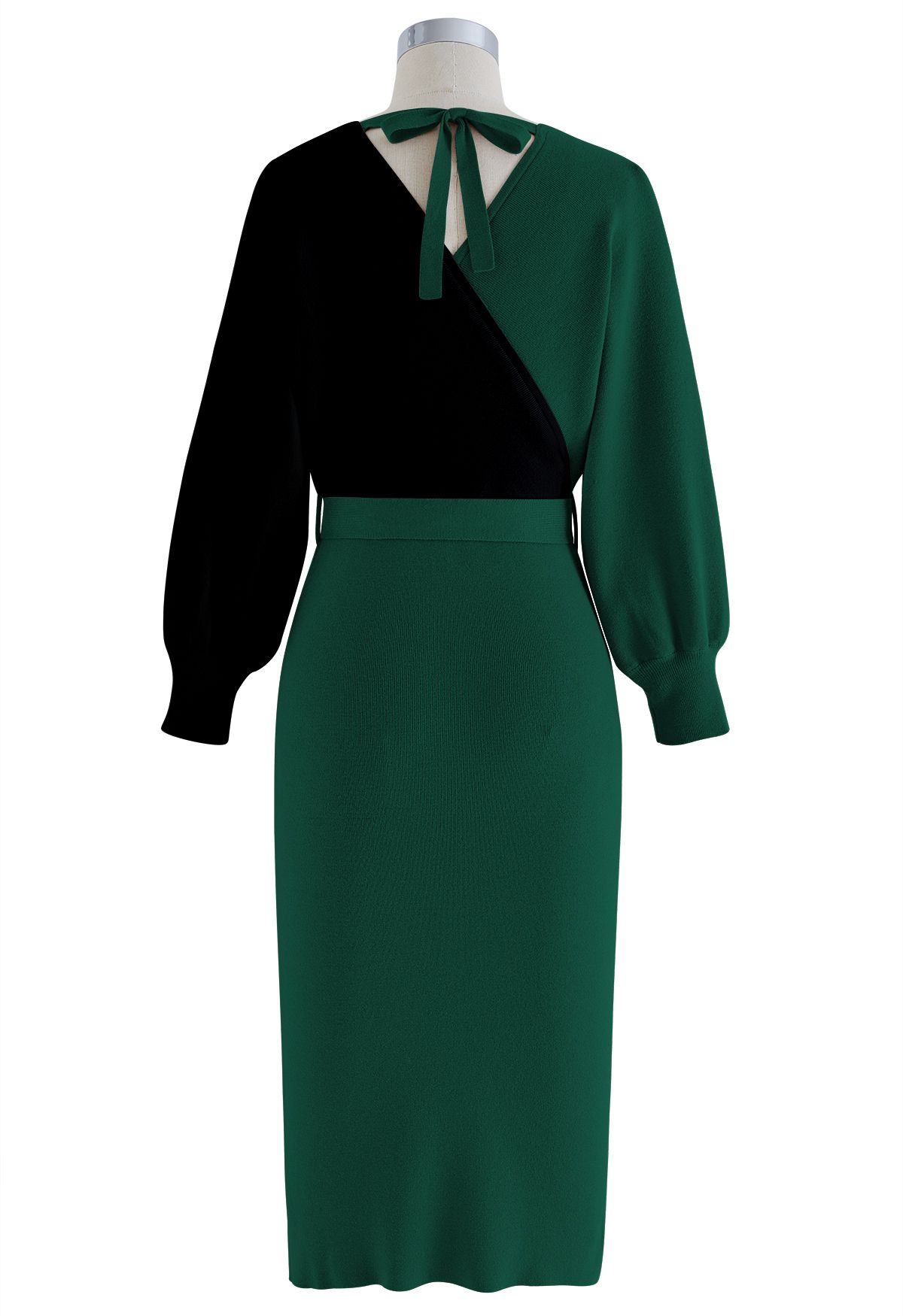 Tie Bow Two-Tone Knit Wrap Midi Dress in Dark Green