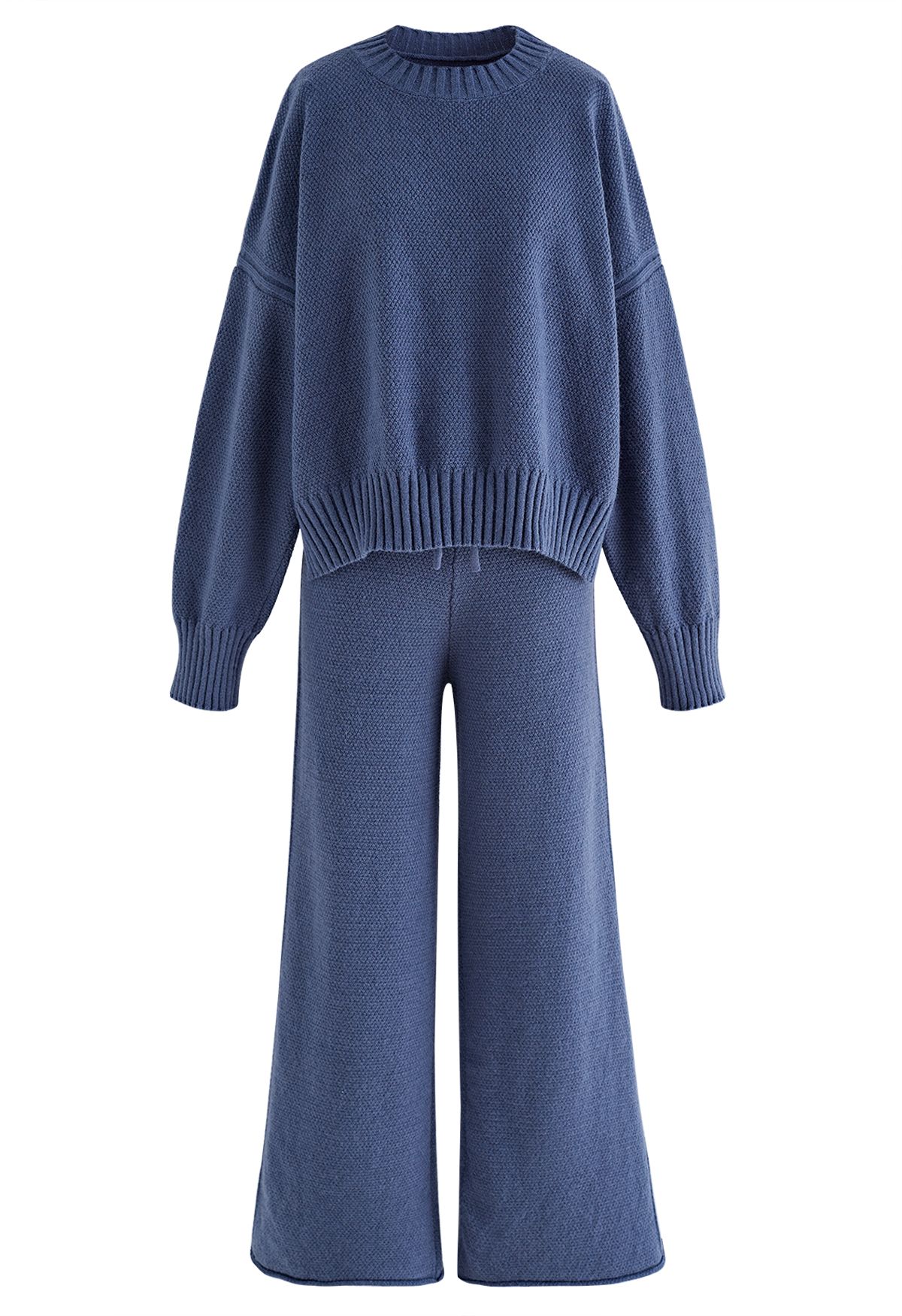 Waffle Knit Hi-Lo Sweater and Wide Leg Pants Set in Blue