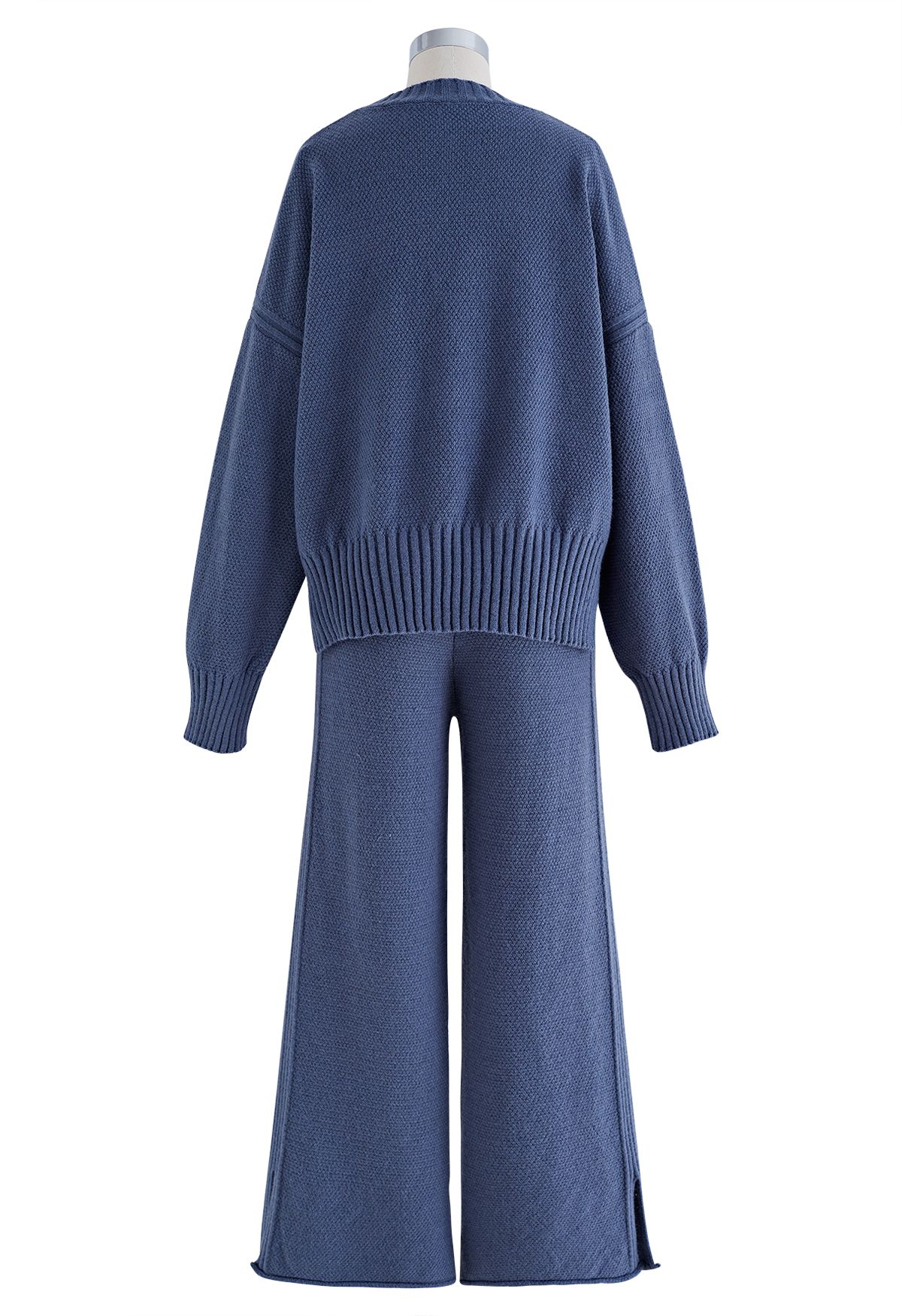 Waffle Knit Hi-Lo Sweater and Wide Leg Pants Set in Blue
