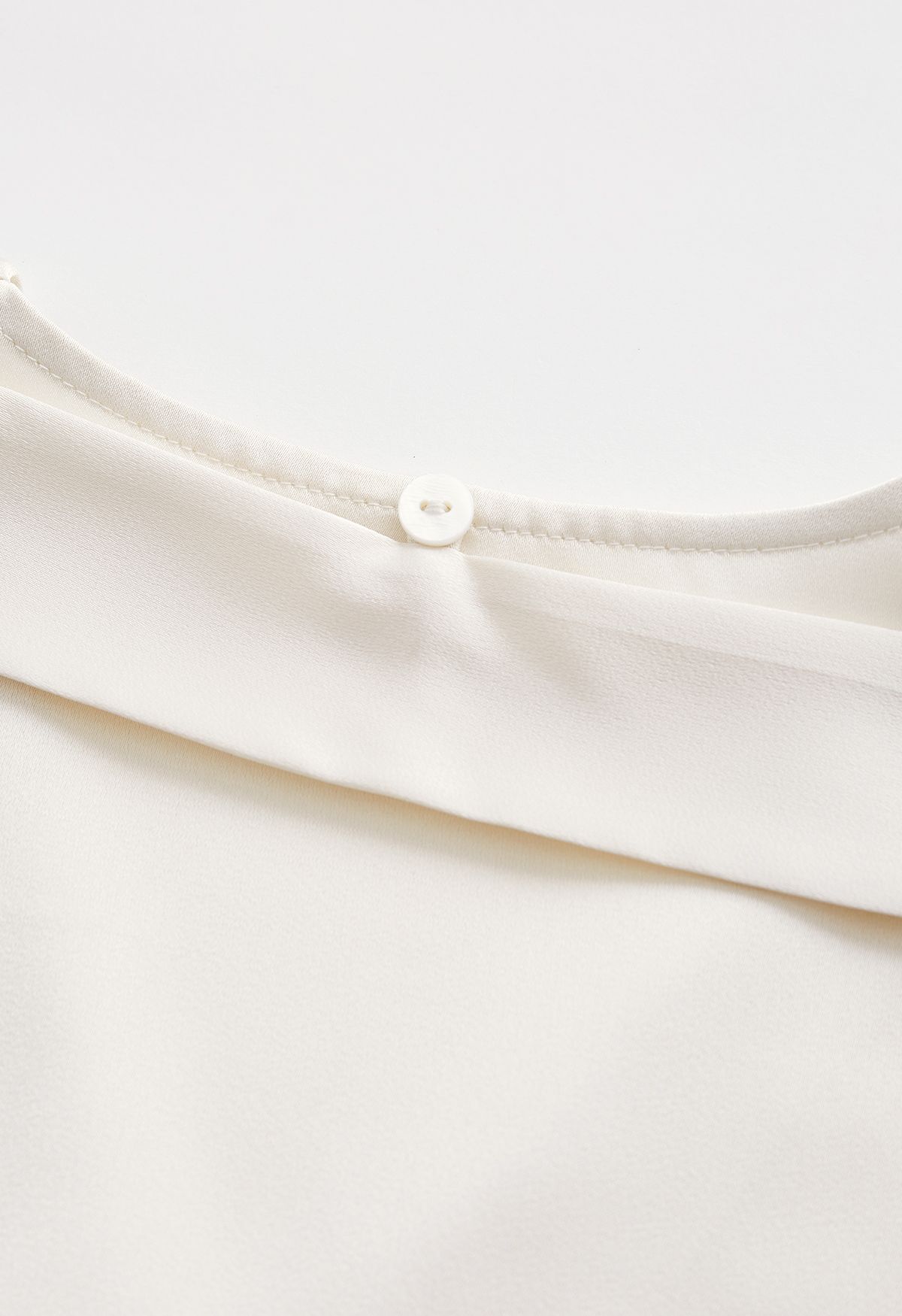Ribbon V-Neck Split Cuffs Satin Shirt in Cream