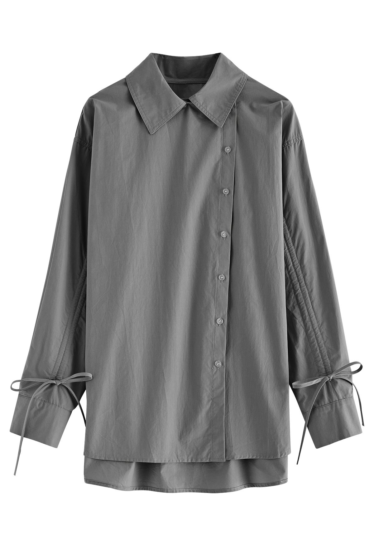 Drawstring Sleeves Button Down Cotton Shirt in Smoke