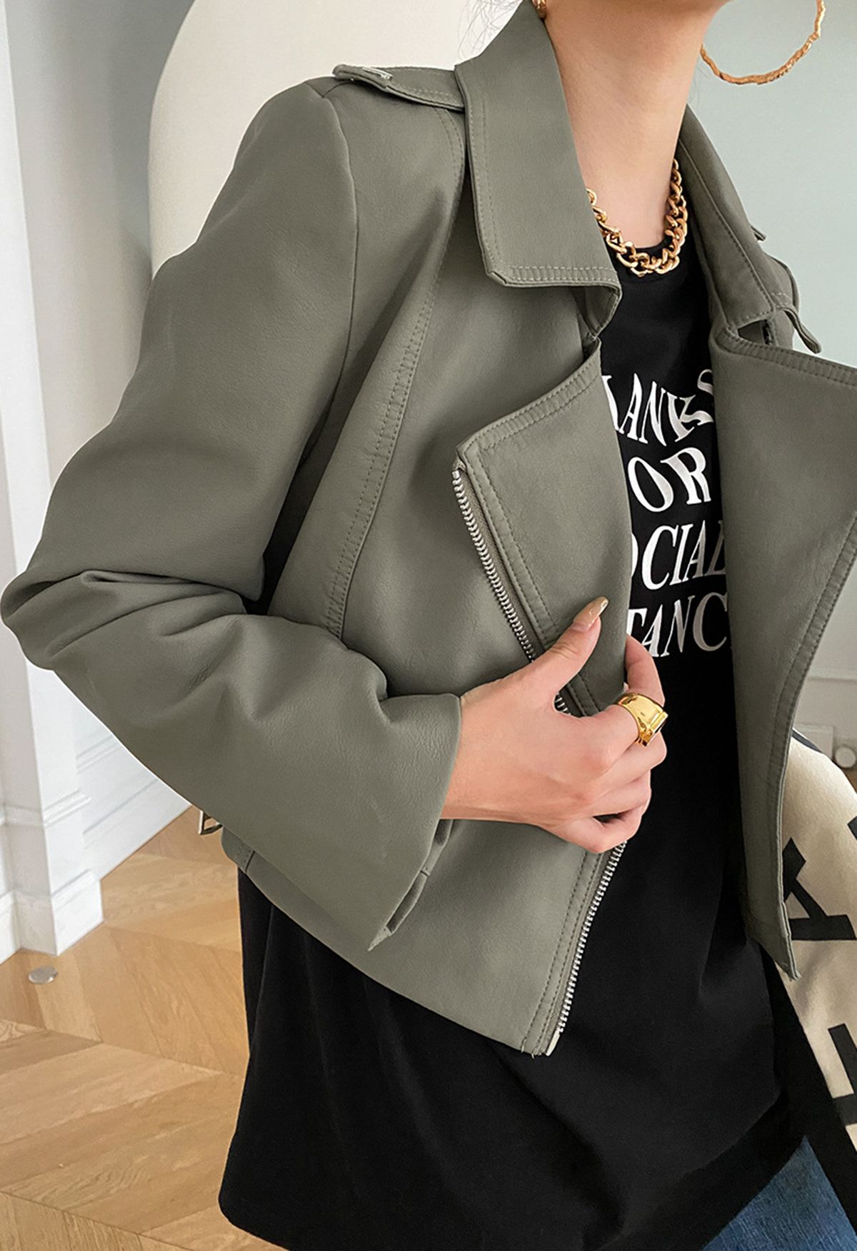 Edgy Faux Leather Moto Jacket in Sage