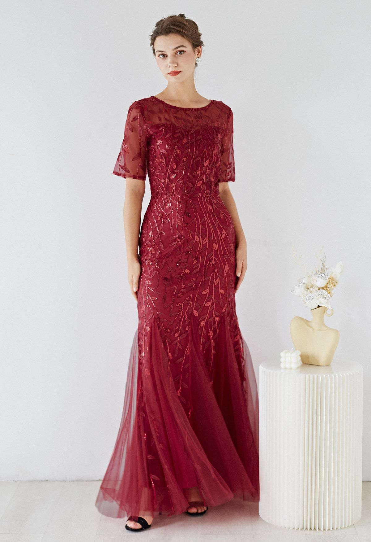 Leaves Branch Sequined Mesh Panelled Gown in Burgundy