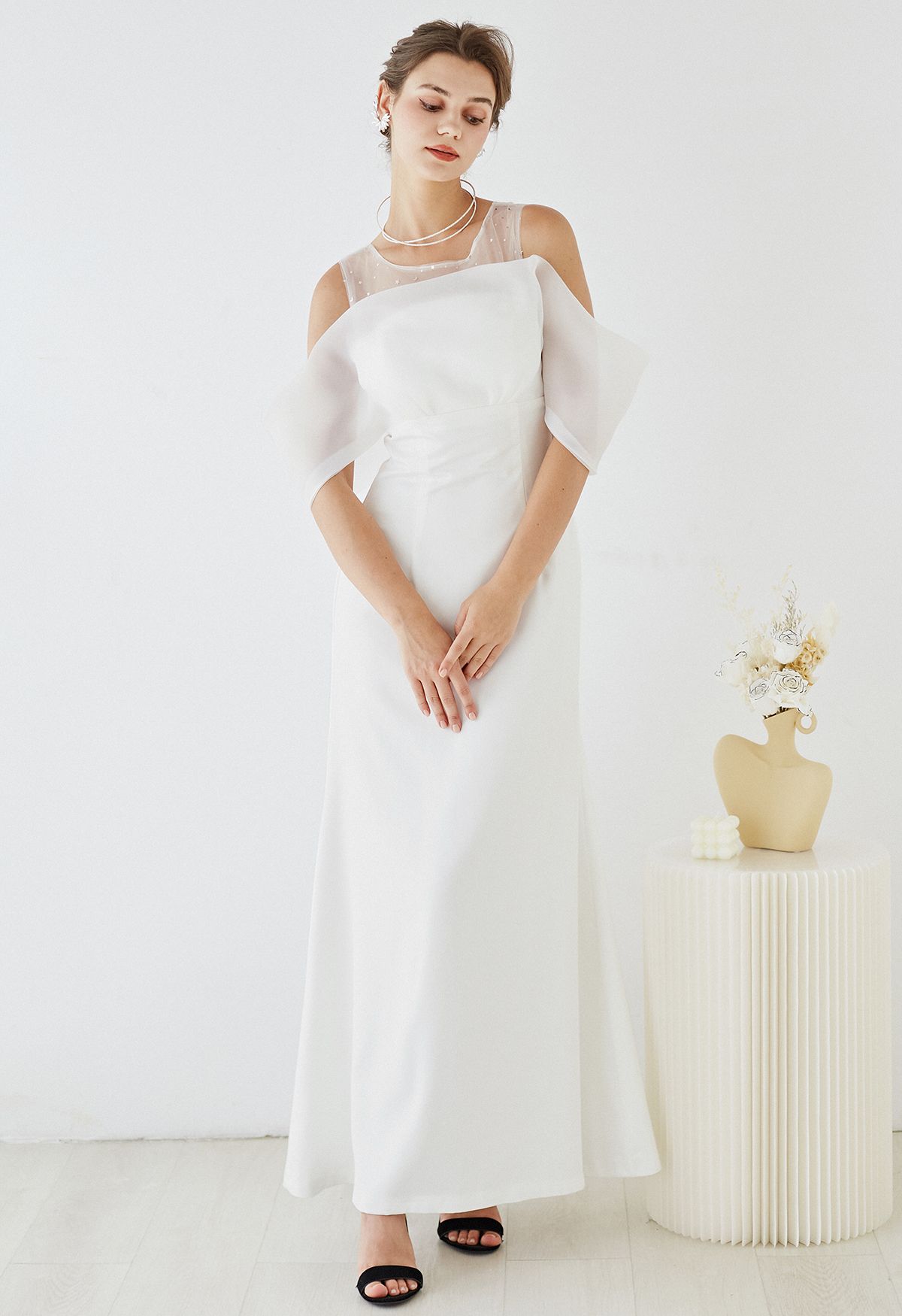 Spliced Organza Cold-Shoulder Gown in White