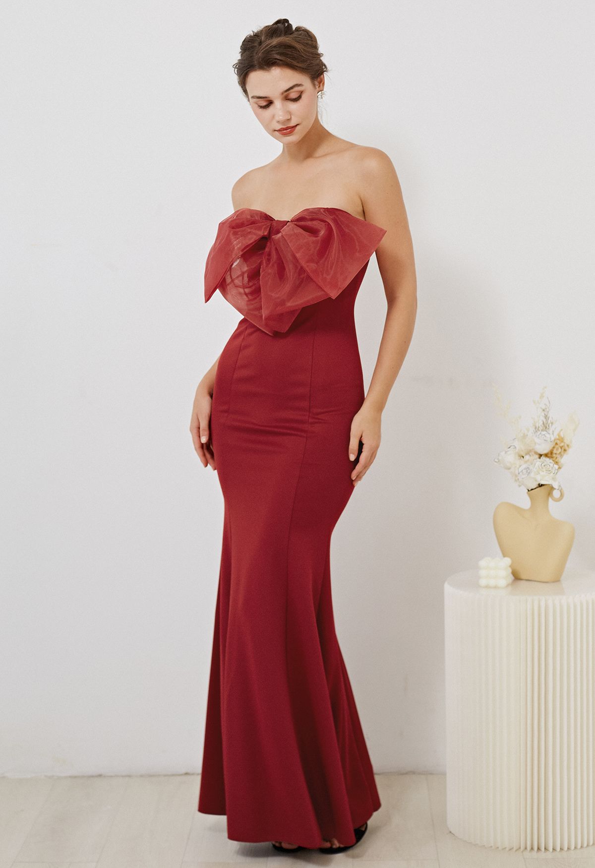Bowknot Strapless Mermaid Gown in Burgundy