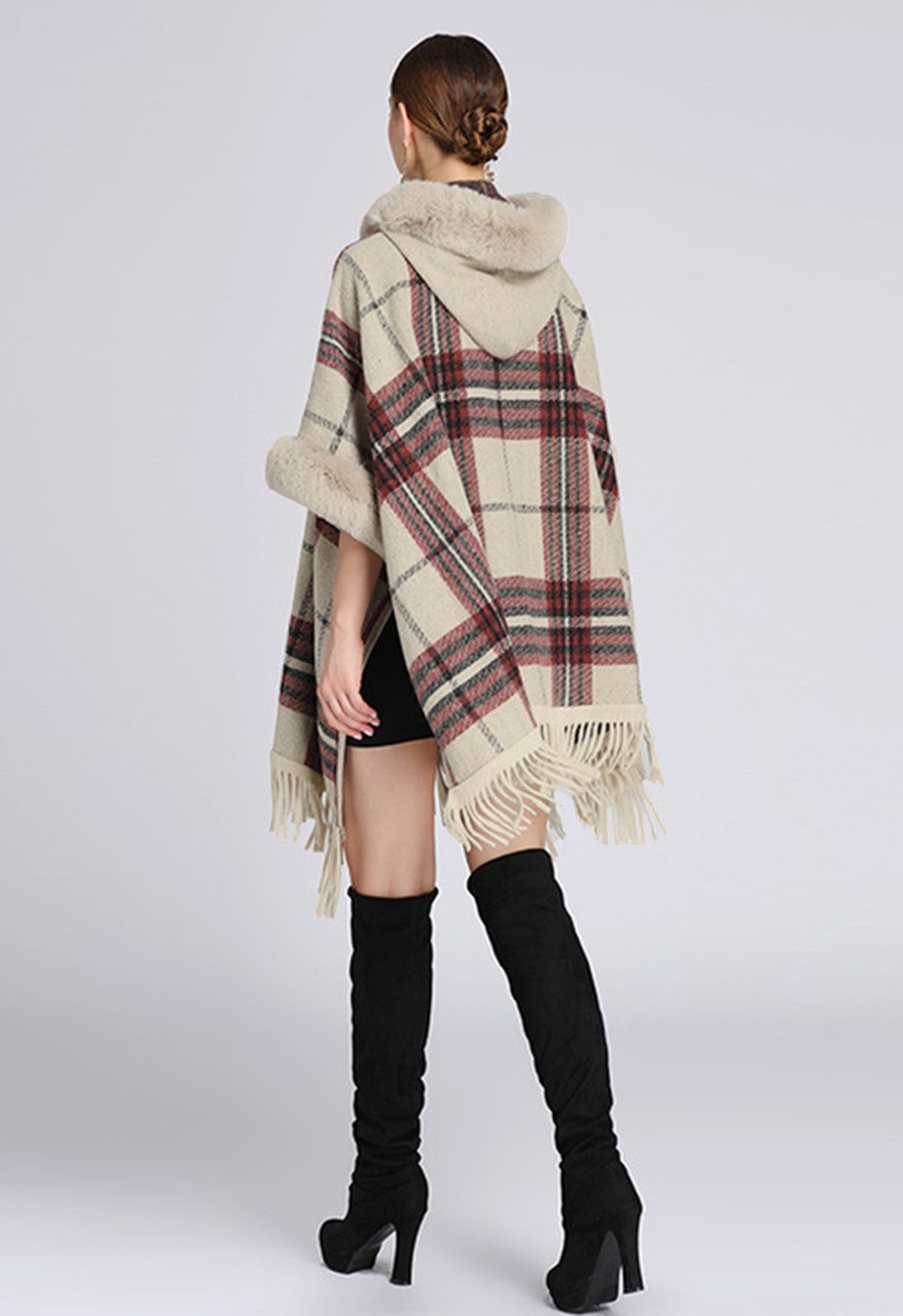 Plaid Fringe Faux Fur Hooded Poncho in Camel - Retro, Indie and