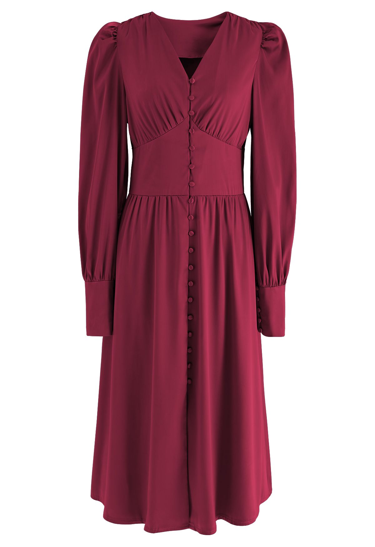 Puff Sleeves Button Up Satin Midi Dress in Burgundy
