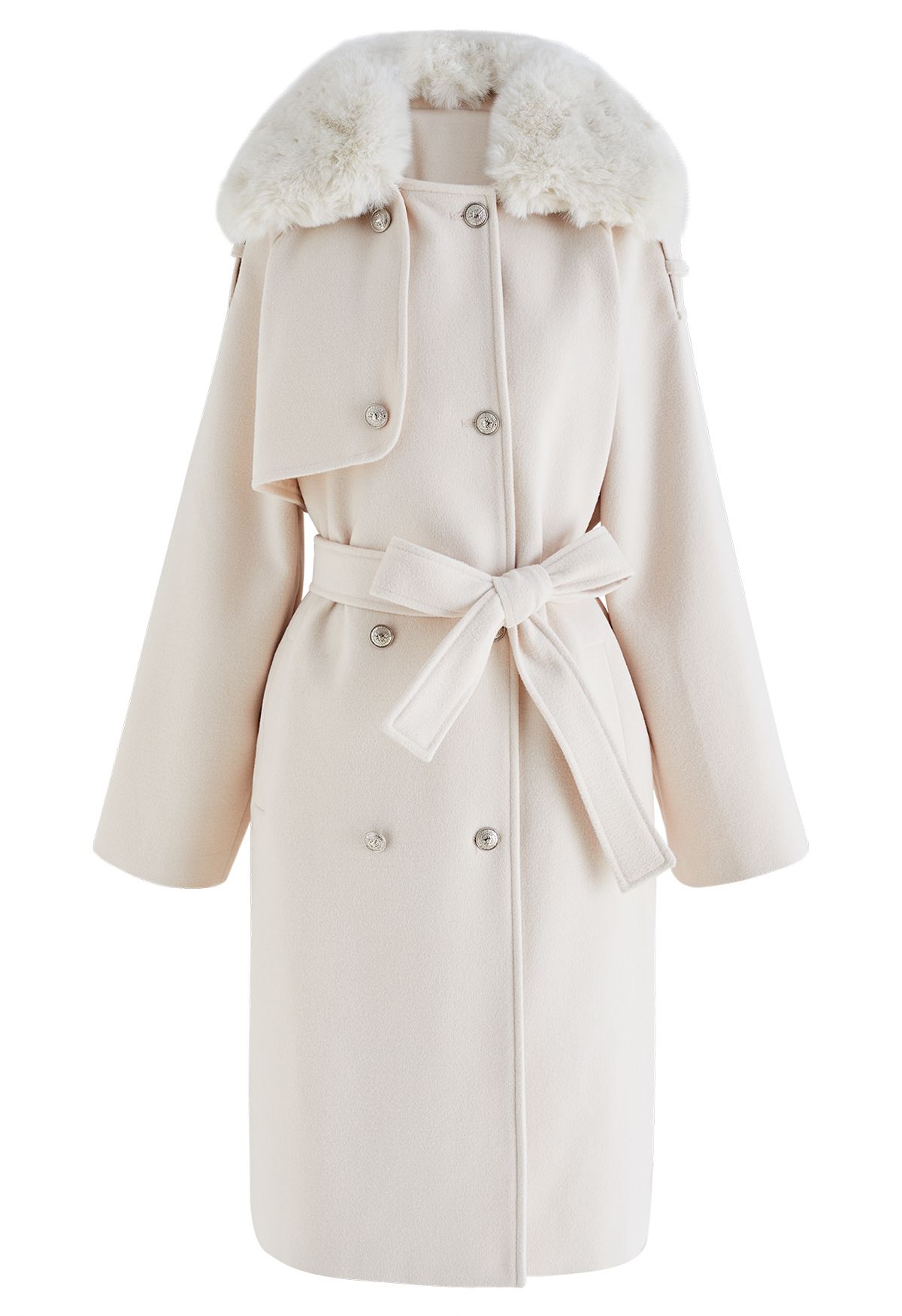 Faux Fur Collar Double Breasted Belted Coat in Cream