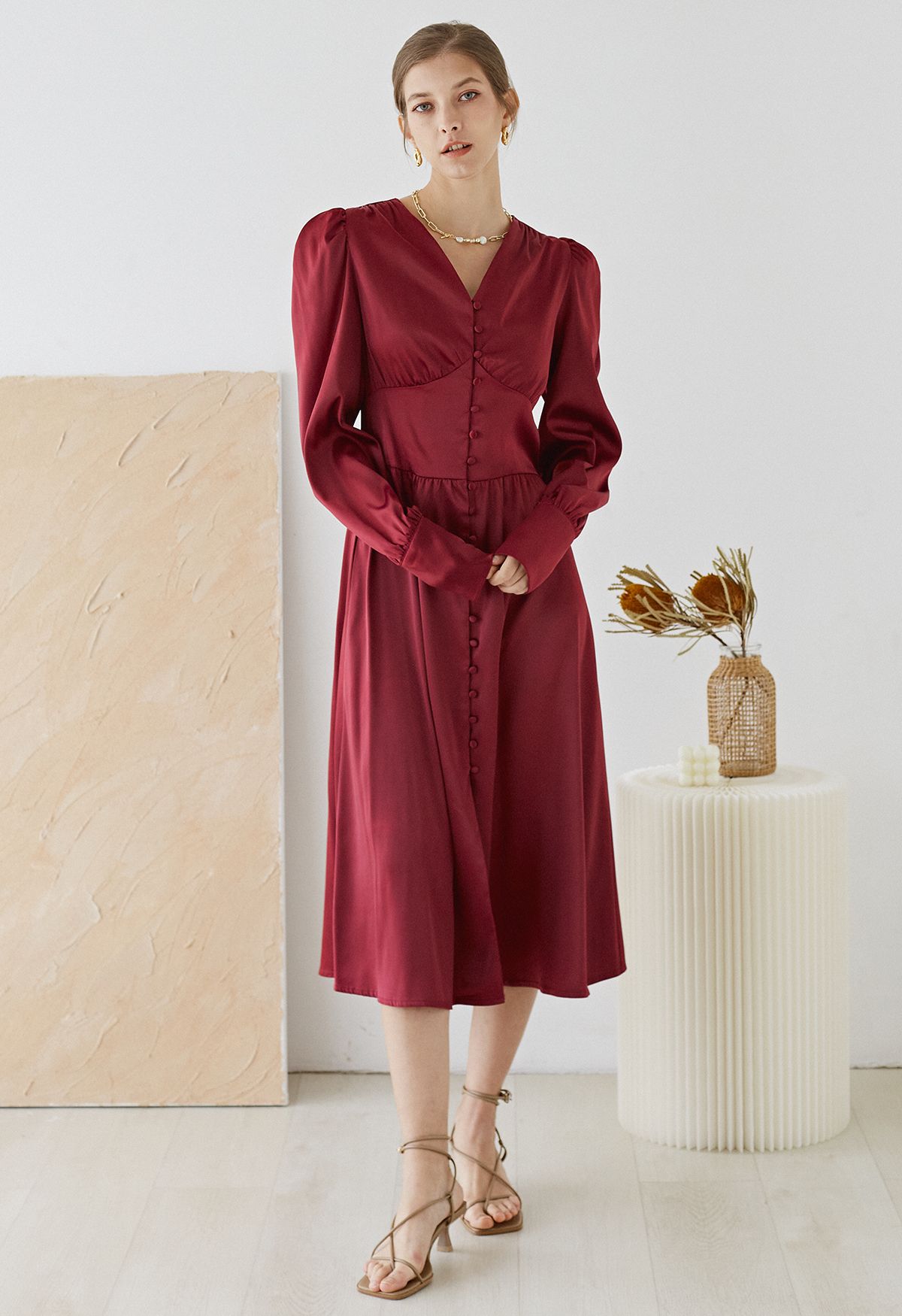 Puff Sleeves Button Up Satin Midi Dress in Burgundy