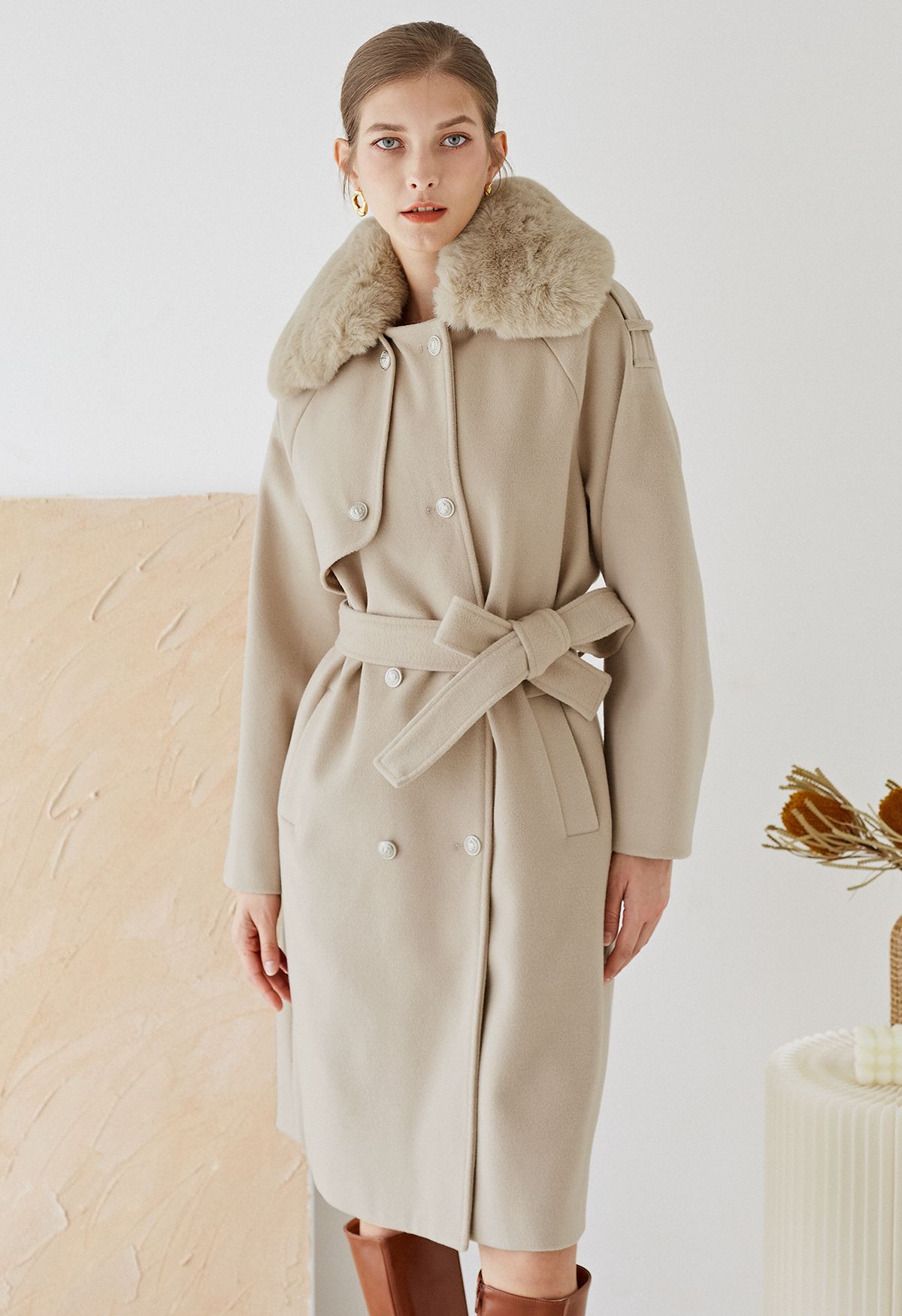 Faux Fur Collar Double Breasted Belted Coat in Oatmeal
