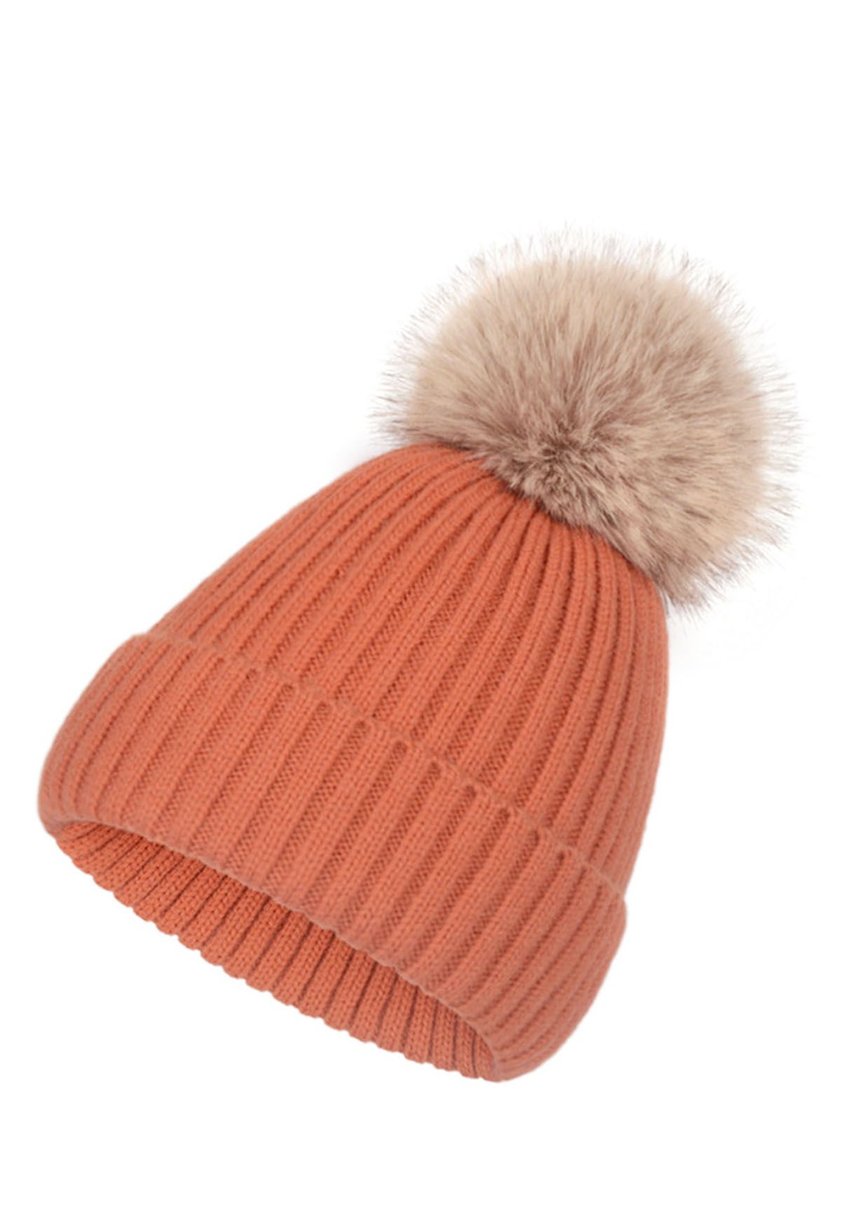 Pom-Pom Ribbed Knit Beanie Hat in Coral