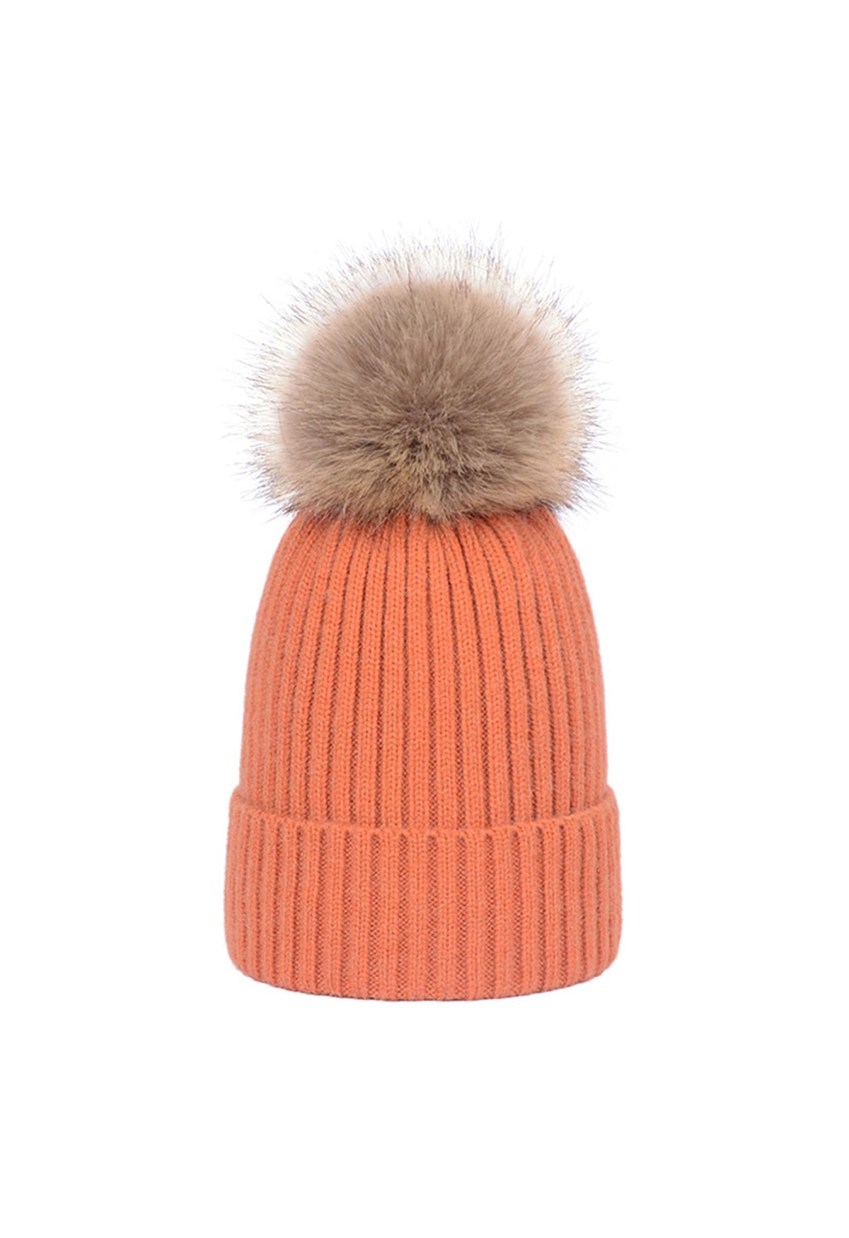 Pom-Pom Ribbed Knit Beanie Hat in Coral