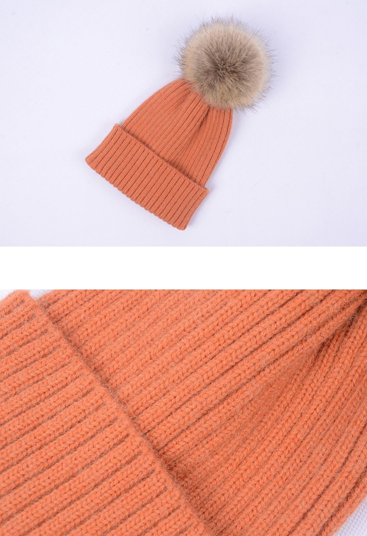 Pom-Pom Ribbed Knit Beanie Hat in Coral