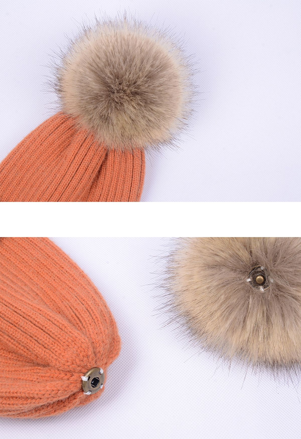 Pom-Pom Ribbed Knit Beanie Hat in Coral