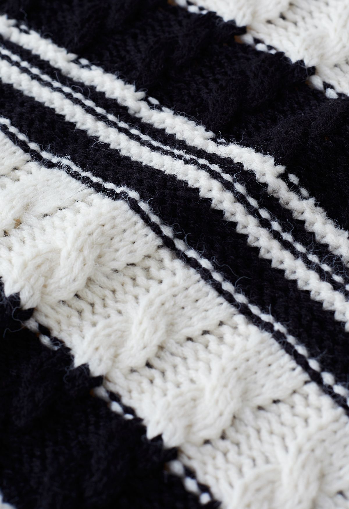 Fringed Hem Braided Knit Sweater in Black